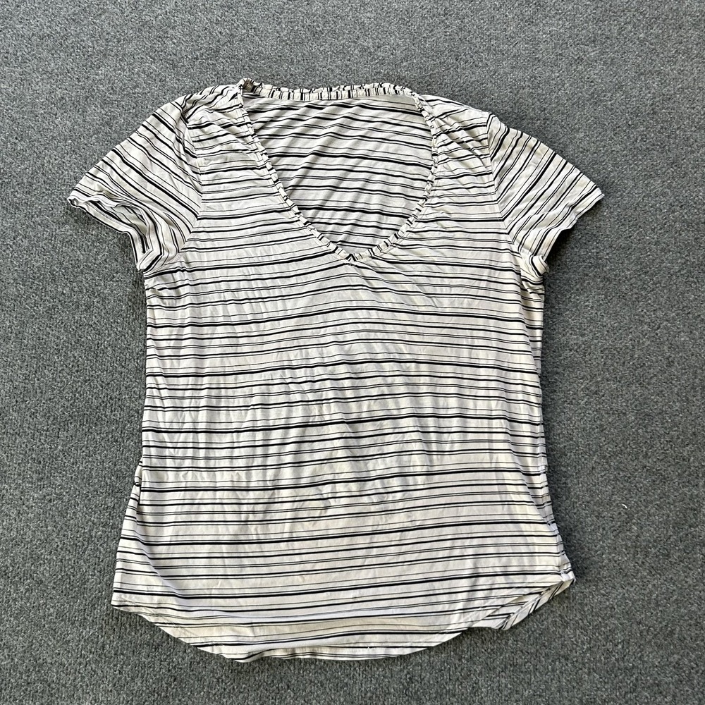 Lululemon Shirt Womens Medium White‎ Stripe V Neck Short Sleeve Relaxed Jersey